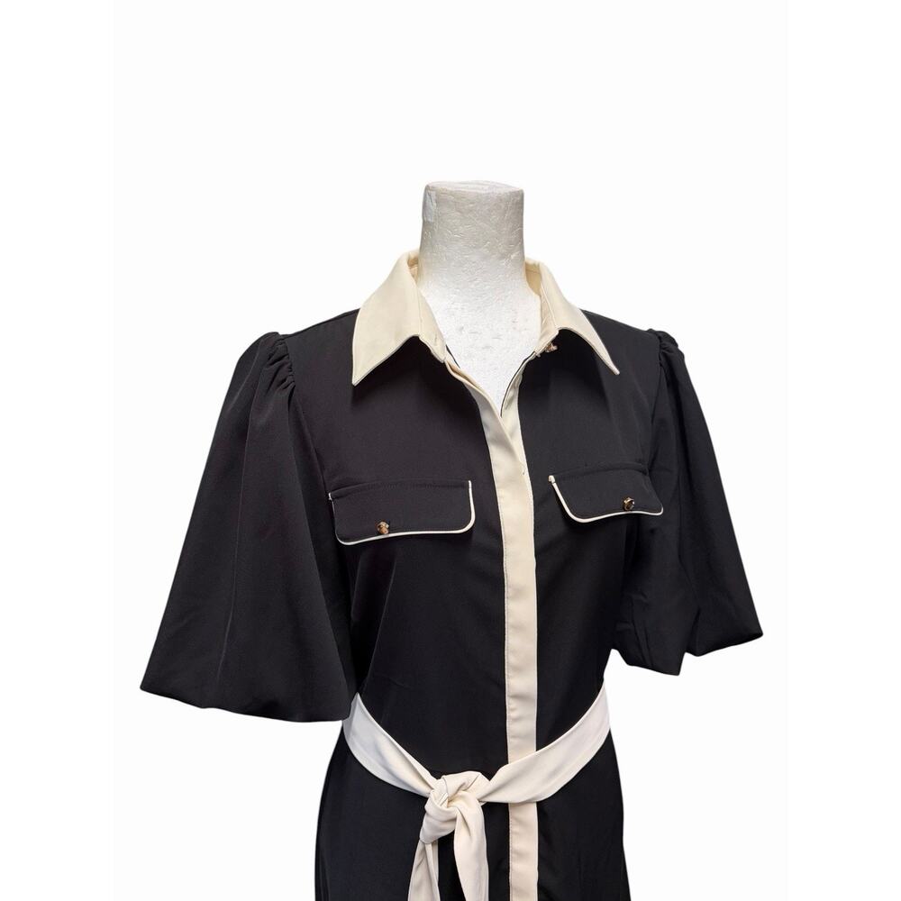 NWOT Karen Millen Belted Twill Dress Black Cream Piping Puff Sleeve US 12 - Picture 2 of 5